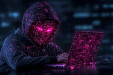 Mysterious hooded figure coding in a dark environment with glowing neon patterns