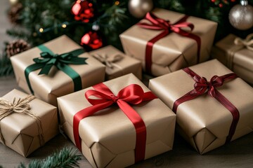 Christmas gifts wrapped in brown paper with red and green ribbons, placed on a wooden table near a decorated tree. Black banner space for a New Year message.