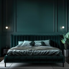 A luxurious bedroom with a plush velvet headboard. a soft blanket. and a green houseplant on a side table. with two glass pendant lamps hanging from the ceiling