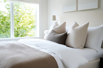 A serene bedroom with a neutral color palette, soft bedding, and an upholstered headboard, creating a peaceful retreat.