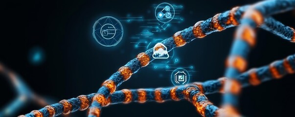 Abstract representation of DNA strands illuminated with digital icons and symbols, showcasing biotechnology and data integration.