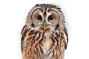 Fototapeta premium Front view of a perched owl on a white background