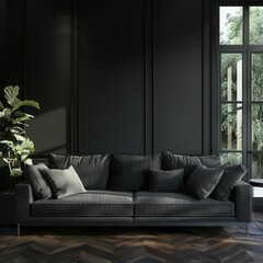 A modern living room with a beige sofa. a glass coffee table. and a black wall with molding The room is bathed in natural light from two large windows
