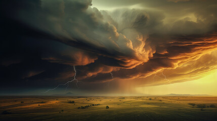 Obraz premium A dramatic thunderstorm captured over a vast landscape, with swirling clouds and vivid lightning creating a remarkable atmospheric scene.
