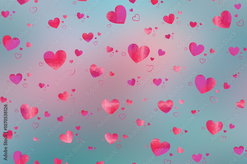 Poster floating pink hearts on a soft blue gradient background, creating a romantic and dreamy effect.