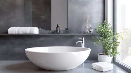 Modern bathroom featuring a freestanding tub, towels, and a plant for a relaxing atmosphere.