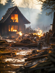 A house engulfed in flames stands amid scattered debris, representing calamity and loss, contrasted against an eerie, smoky morning glow.