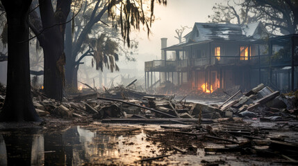 Obraz premium A burnt residential area with trees and debris shows aftermath of fire, illustrating destruction and the need for hope and rebuilding.