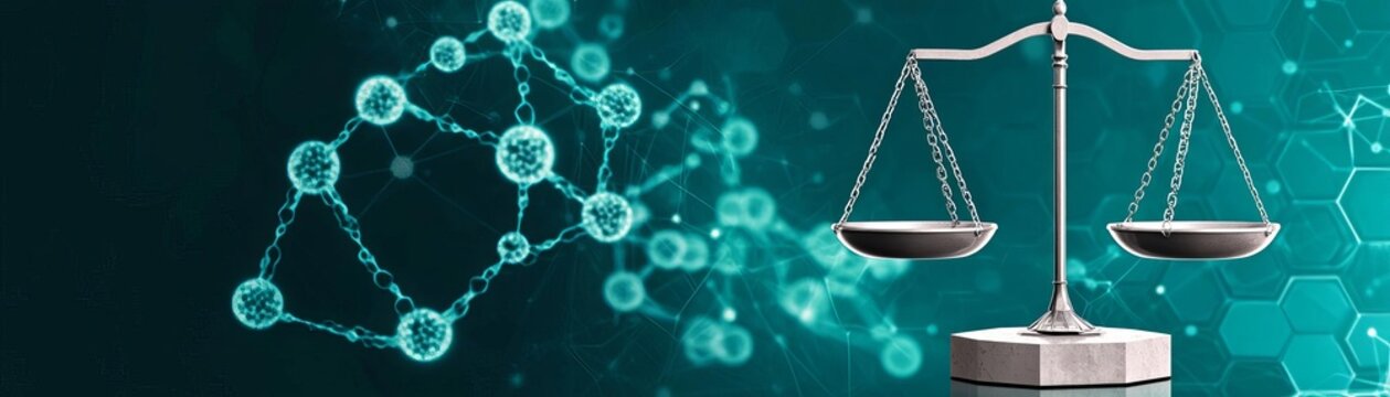 Balance scale icon with genetic symbols hovering on a dark, vibrant background, soft blue tones, representing the delicate balance of bioethics