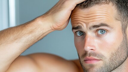 Obraz premium Man with blue eyes touching his hair, looking concerned, AI