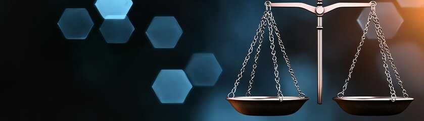 Balance scale icon with genetic symbols hovering on a dark, vibrant background, soft blue tones, representing the delicate balance of bioethics