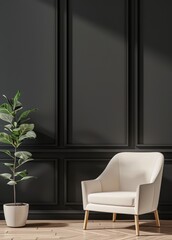 A white armchair with wooden legs sits in a room with a black wooden wall. wood floor. and a potted plant in front of a window