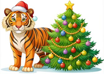 Fototapeta premium Merry Christmas Tiger Santa Aerial Illustration - Holiday Banner Design