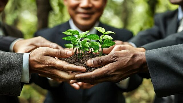 Group of investors holding trees in their hands The plants are small and green. Concept of unity and teamwork as men work together to nurture trees.