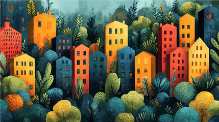 Colorful abstract village art with stylized buildings surrounded by vibrant greenery, blending urban and nature themes in a unique composition.