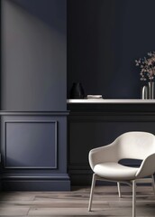 A white shelf with various decorative items sits against a dark purple wall with a white chair beside it