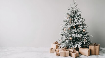 White Christmas tree with delicate decorations and gifts around the base, placed against a soft, minimalist background.