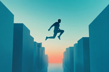  silhouette of a man jumping , a symbolic image of overcoming obstacles and looking towards the future