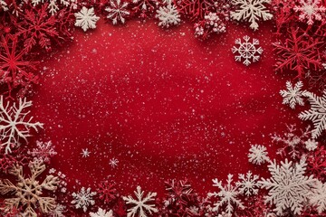 Vibrant red background with snowflakes, perfect for Christmas-themed designs. Blank space for text or design elements, festive winter border.