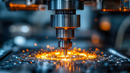 Close-up of a CNC machine cutting metal with sparks flying, showcasing precision engineering and industrial technology