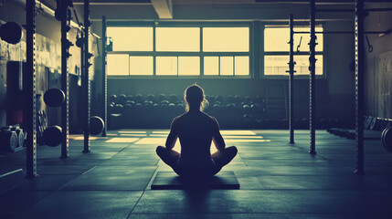 Fototapeta premium person meditating in gym, surrounded by weights and fitness equipment, creating serene atmosphere. light enhances calmness of scene