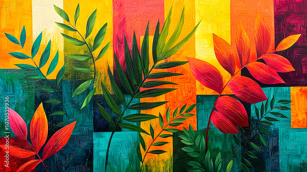 Poster colorful leaves in various shapes and sizes create a lively arrangement on a vibrant striped backgro