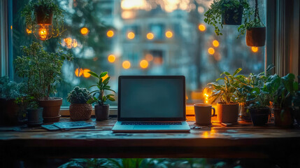 Cozy workspace setup with a laptop on a wooden desk, surrounded by potted plants, with a view of bokeh city lights through a window at dusk