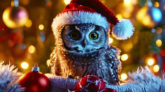 Noble white owlet with Christmas gifts in a festive interior