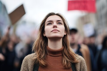 Obraz premium Hopeful young activist at a rally looking up