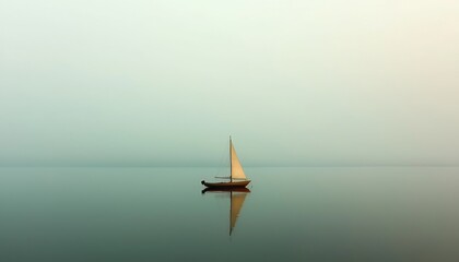 Sailboat with white sail gliding across a calm lake at dawn on a foggy morning