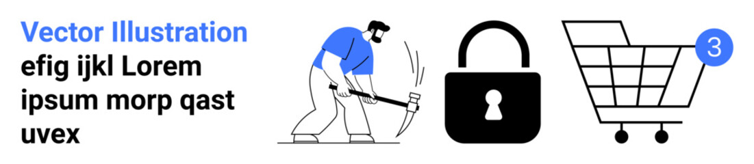 Man with a pickaxe hacking, padlock symbolizing security, shopping cart with notification. Ideal for online security, cyber threats, e-commerce, data protection, hacking prevention, cybercrime
