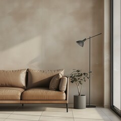 Minimalist living room with a leather sofa and a floor lamp in front of a large window Sunlight casts shadows on the beige wall