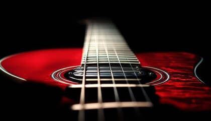 Close-up of a red acoustic guitar with detailed strings set against a dark background
