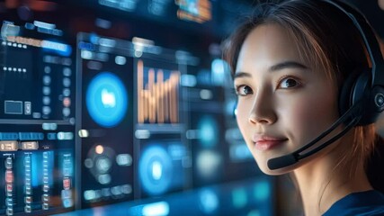 A woman wearing a headset is looking at a computer screen - Powered by Adobe