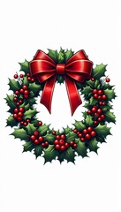 Christmas Holly Wreath with Red Bow