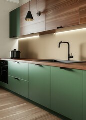 A modern kitchen with dark green cabinets and a wooden countertop. featuring a farmhouse style sink and a black industrial style light fixture