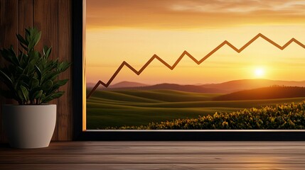 Financial gains illustrated through a progressive line graph on a digital screen, with a sunset view over rolling hills, symbolizing enduring success