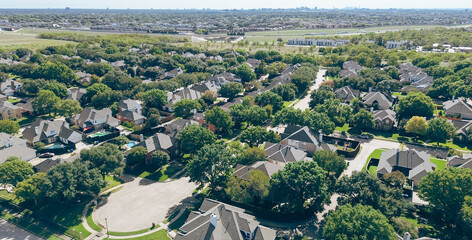 Panorama aerial residential neighborhood, apartment complex, commercial buildings in fast-growing...