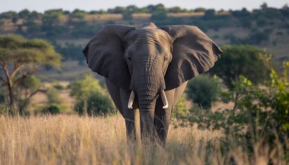 Fototapeta premium A majestic elephant standing amidst tall golden grasses, with its large ears spread out