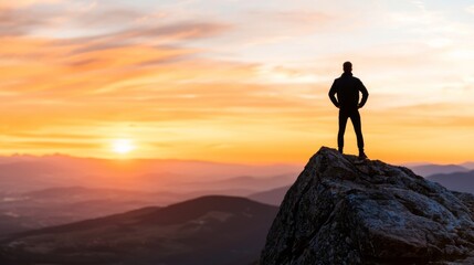 Fototapeta premium Silhouette of a businessman standing at the top of a mountain sunrise in the background glowing orange sky wide angle shot symbolizing the pinnacle of business success