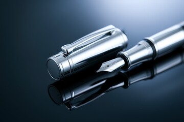 A sleek, silver fountain pen with a reflective surface
