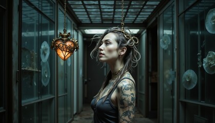 Side profile of a tattooed woman in dark attire in a mysterious room with a glowing heart-shaped pendant