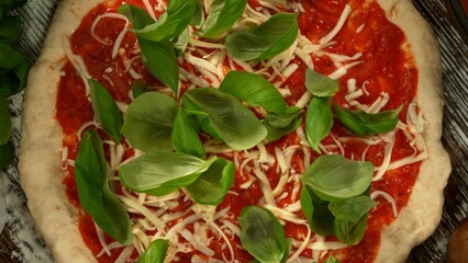 Super slow motion of falling fresh basil leaves on pizza dough with sugo, top down view