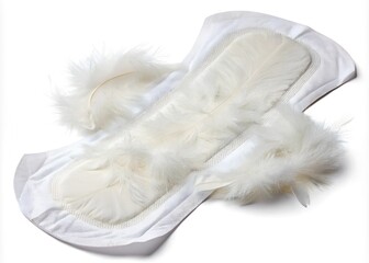 
feminine sanitary pad on which white delicate feathers lie, isolated on a white background