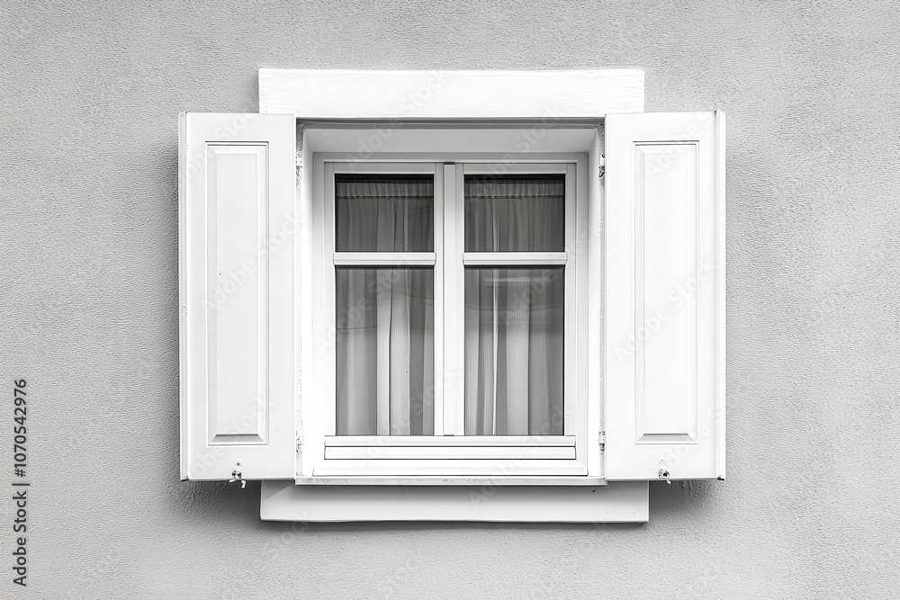 Poster white window with shutters on a gray wall showcasing minimalist architectural design in a calm urban setting
