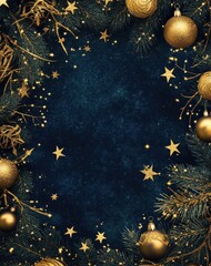 A festive holiday background featuring gold ornaments, stars, and evergreen branches on a dark blue backdrop.