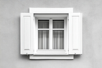 Fototapeta premium white window with shutters on a gray wall showcasing minimalist architectural design in a calm urban setting