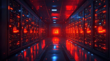 Futuristic Server Room with Glowing Digital Elements
