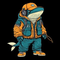 Naklejka premium whale is a trapper in the disco music studio, wearing trapper clothes and trapper accessories, anime manga caricature , isolated on black