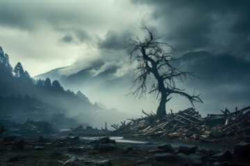 A poignant image of a desolate landscape is marked by a lone, leafless tree amid scattered debris, evoking feelings of solitude.